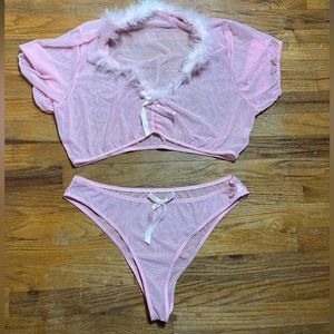 Pink mesh and feather tee and panty set